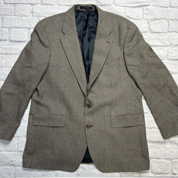 Chaps Ralph Lauren Mens Tan Navy Blue Houndstooth Blazer Size 44R Wool Silk